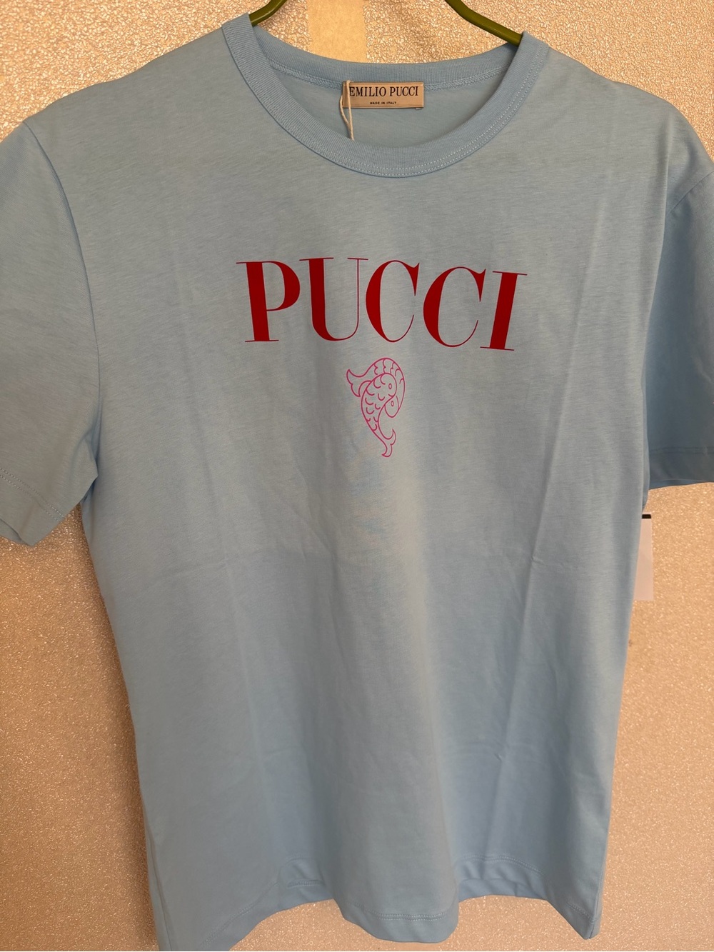 NWT 100%authentic EmilioPucci Light Blue Tee T-shirt top blouse PUCCI Logo L